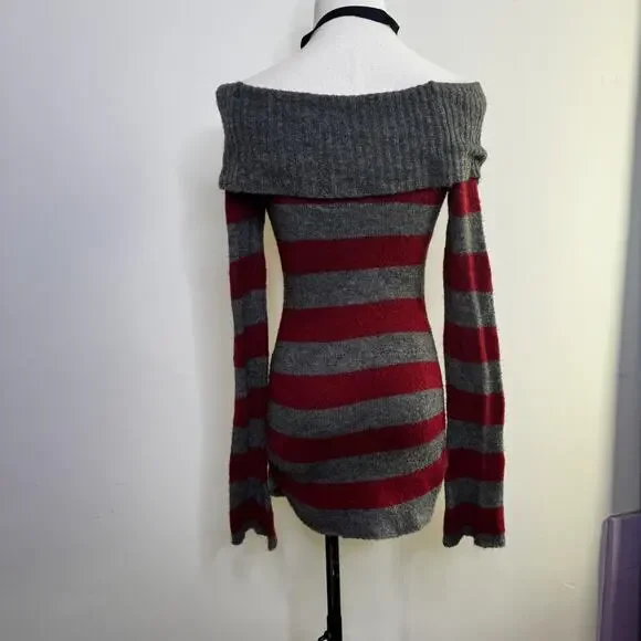 Vintage Y2K Striped Off the Shoulder Sweater Emo Scene Soft Girl Goth Witch S - Picture 5 of 7